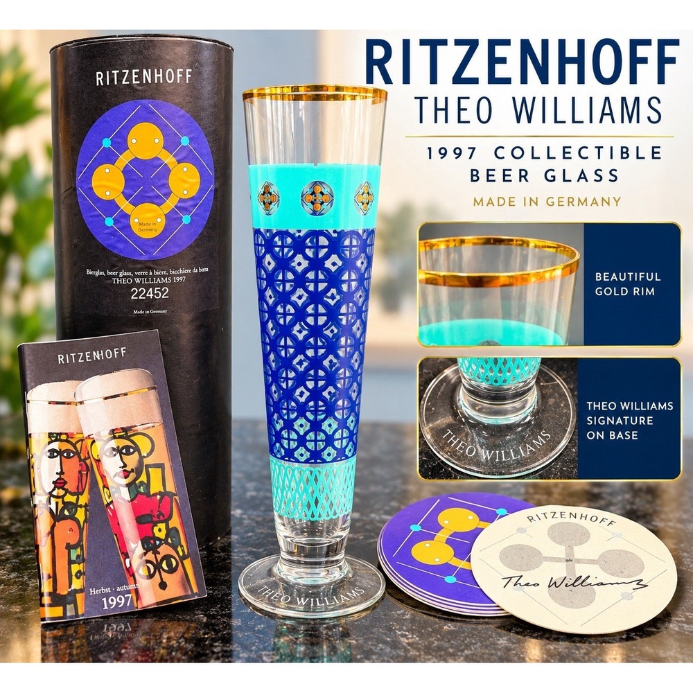 Ritzenhoff Theo Williams 1997 Beer Glass Gold Rim Germany 22452 Box Coasters